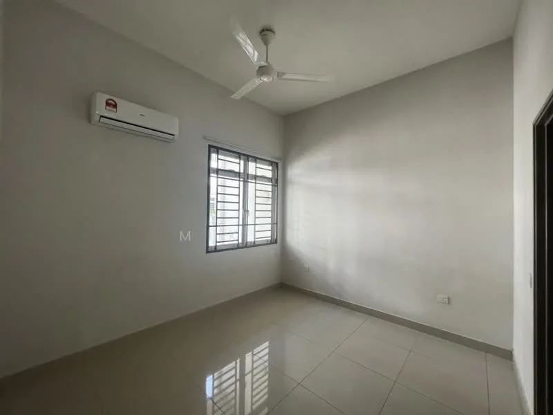 Room features: white painted walls, glossy ceramic tile flooring, 1 wall-mounted split AC, ceiling fan, large window with metal frame, natural light from window, neutral color scheme, no visible furniture; style: modern.