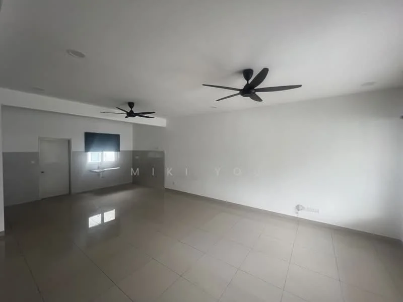 Room features: white painted walls, grey tiled flooring, 2 ceiling fans, window with blue roller blinds, recessed lighting, open layout; style: modern.