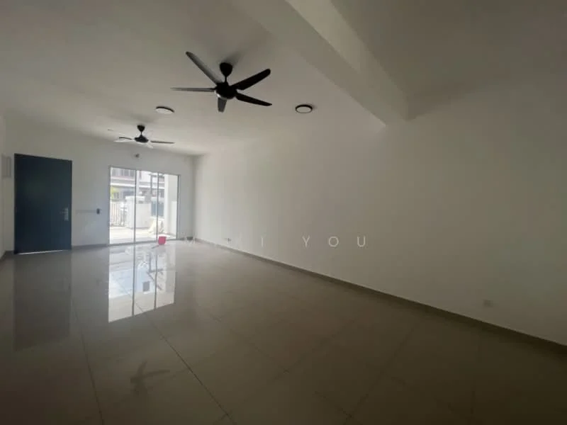 Living features: white painted walls, polished floor tiles, 2 ceiling fans, large glass sliding door, natural light from windows, recessed lighting, open layout, no visible furniture; style: modern.