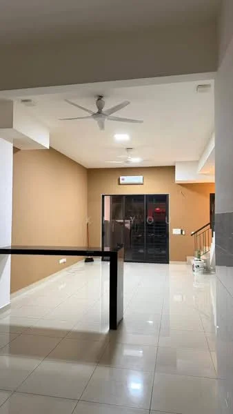 Room features: cream painted walls, white ceiling, recessed downlights, 5-blade ceiling fan, glossy tile flooring, sliding glass door, open layout, large windows, black railing, air conditioning unit; style: modern.