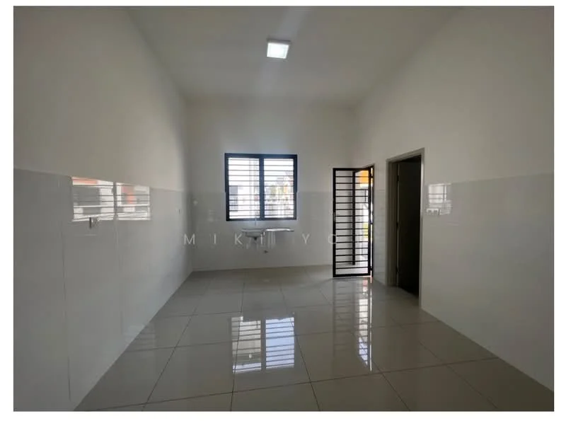 Room features: white painted walls, glossy white tile flooring, single-bowl stainless-steel sink, black metal window grille, window with horizontal slats, door with metal grille, LED ceiling light, corner location; style: modern.