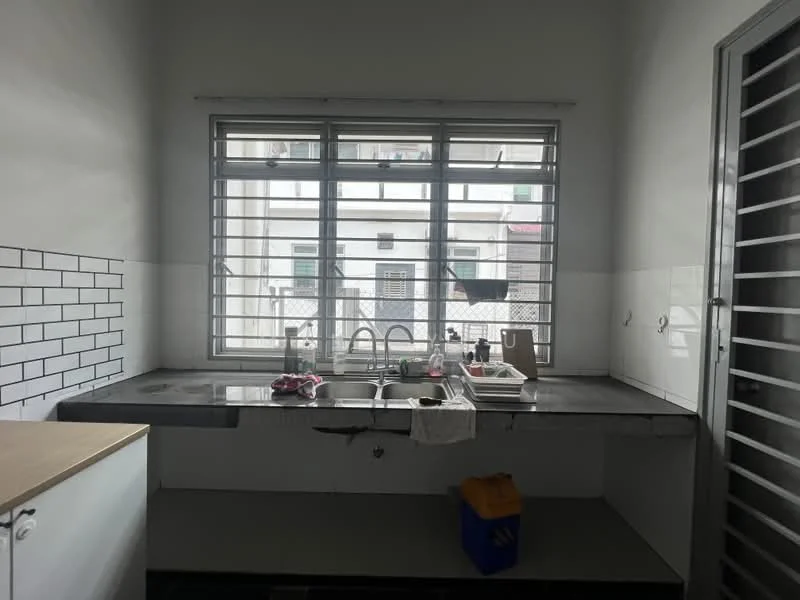 Kitchen features: grey countertop, double-bowl stainless-steel sink, chrome pull-down faucet, white tiled backsplash with black grout, white walls, sliding glass door, window with metal grille, built-in cabinetry, floor tiles, kitchen utensils on countertop; style: modern.