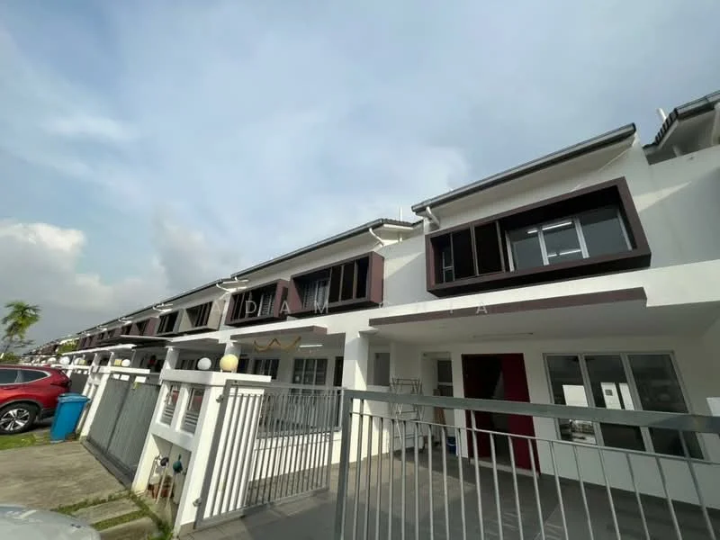 Exterior type: linked terrace house; features: white painted facade, flat roof, two-storey building, balconies with glass railings, manicured lawn in front, paved walkway, fenced perimeter, visible parking area, modern architectural design; style: modern.