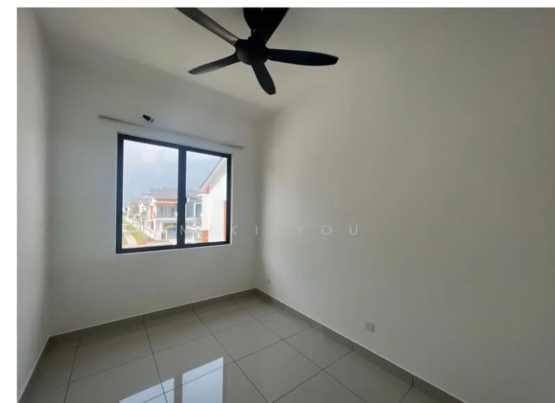 Room features: white painted walls, glossy ceramic tile flooring, floor-to-ceiling window, black ceiling fan, single window with no treatments; style: modern.