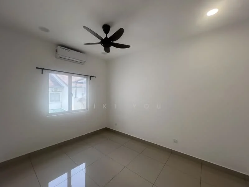 Room features: white painted walls, glossy ceramic tile flooring, 5-blade ceiling fan, 1 wall-mounted split AC, window with view, natural light from window.