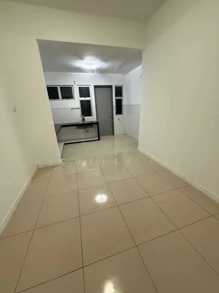 Room features: white painted walls, glossy beige tile flooring, recessed ceiling lights, open layout, large windows, doorway leading to another room, neutral color scheme, no visible furniture; style: modern.