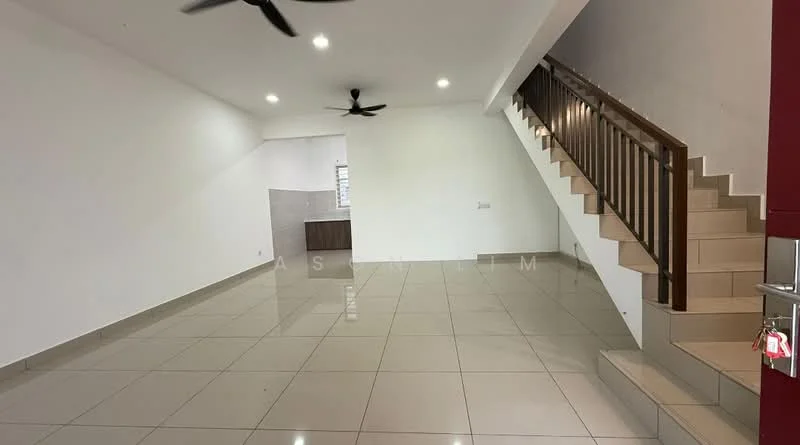 Living features: white painted walls, glossy ceramic tile flooring, 2 ceiling fans, recessed downlights, staircase with wooden railing, open layout, large windows for natural light; style: modern.