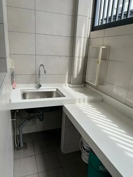 Laundry features: single-bowl stainless-steel sink, chrome pull-down faucet, white countertop, grey tiled walls, grey tiled flooring, window for natural light, storage shelf, bucket visible; style: modern.