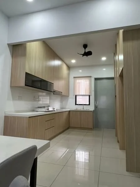 Kitchen features: light wood cabinetry, white quartz countertop, stainless-steel sink, chrome pull-down faucet, built-in oven, stainless-steel range hood, 4-burner gas hob, ceramic tile flooring, recessed LED downlights, 5-blade ceiling fan, window with blinds, open shelving, kitchen island with seating; style: modern.