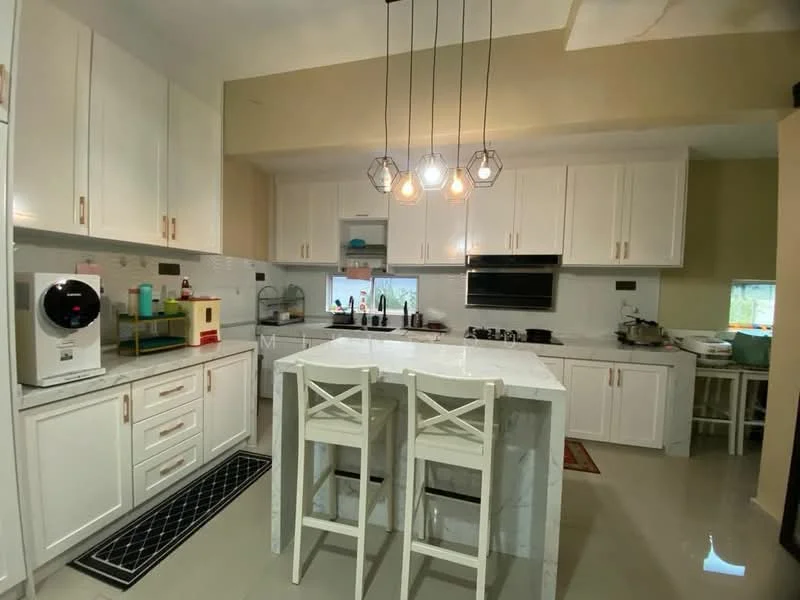 Kitchen features: white shaker cabinets, marble countertop, stainless-steel sink, chrome pull-down faucet, built-in oven, freestanding range oven, microwave, refrigerator, 3-blade ceiling fan, pendant lights, tile flooring, window with garden view, island with seating for two; style: modern; view: garden.