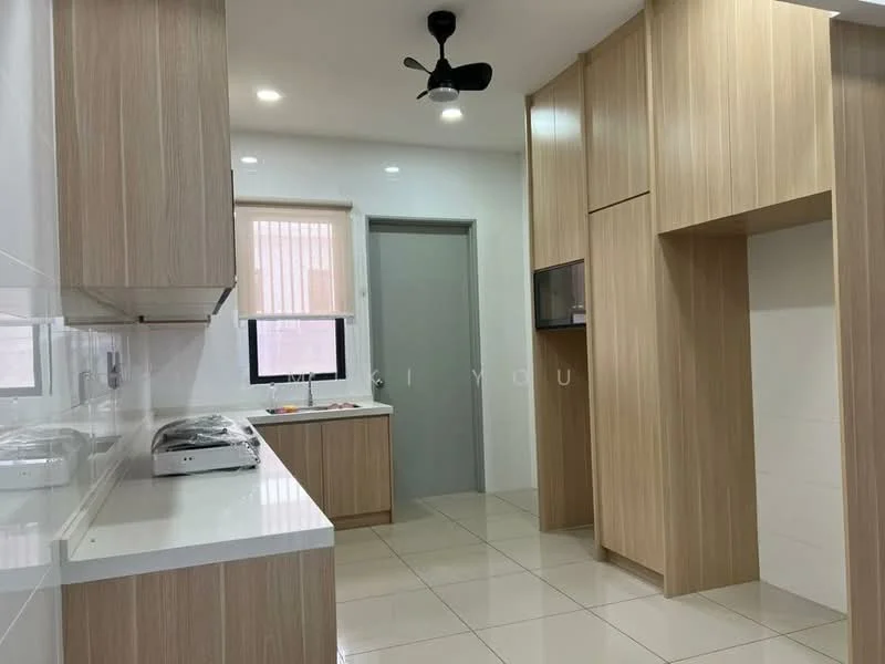 Kitchen features: white quartz countertop, light wood cabinetry, built-in oven, microwave, single-bowl stainless-steel sink, chrome pull-down faucet, ceramic tile flooring, recessed LED downlights, 5-blade ceiling fan, window with blinds; style: modern.