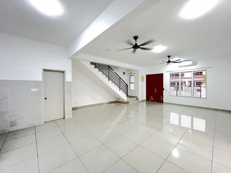 Living features: white painted walls, grey tiled flooring, 2 ceiling fans, large windows with white frames, staircase with black railing, door leading to hallway, air conditioning unit, natural light from windows; style: modern.