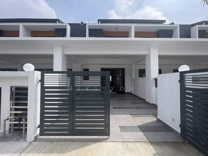 Exterior type: linked terrace house; features: white painted facade, grey accents, flat roof, manicured walkway, gated entry, outdoor lighting, paved driveway, multiple storeys; style: modern.