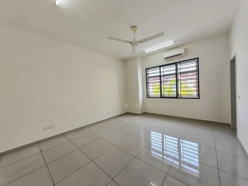 Room features: white painted walls, glossy ceramic tile flooring, ceiling fan, wall-mounted split AC, large window with black metal grille, neutral lighting, no visible furniture, corner of the room with door frame; style: modern; view: garden.