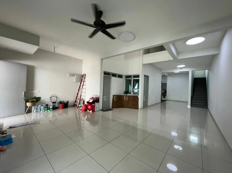Living features: white painted walls, glossy ceramic tile flooring, 5-blade ceiling fan, recessed downlights, large windows, open layout, staircase visible, wooden counter or bar area, ladder, bottled water, cleaning supplies; style: modern.