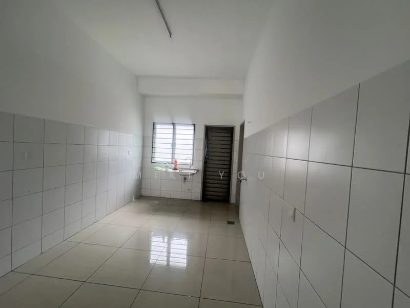 Room features: white painted walls, glossy ceramic tile flooring, single window with vertical blinds, sink with faucet, light fixture on ceiling, no visible furniture or decor; style: minimalist.