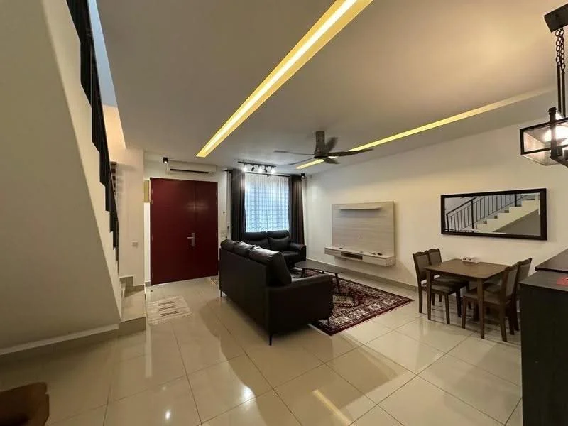 Living features: 3-seater leather sofa in black, coffee table, wall-mounted TV, entertainment unit, area rug with geometric pattern, 5-blade ceiling fan with light, recessed LED downlights, large window with sheer curtains, white painted walls, glossy tile flooring, decorative wall panel, dining table with 4 chairs; style: modern.