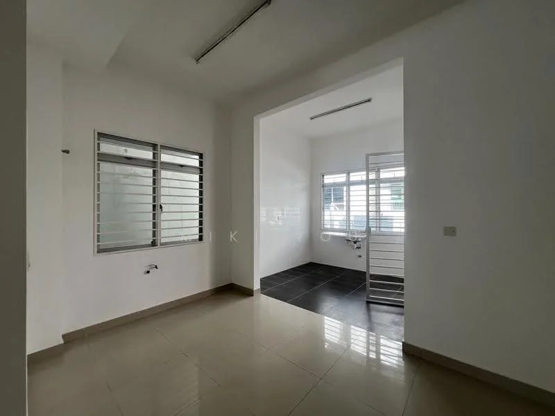 Room features: white painted walls, grey tiled flooring, large windows with metal grilles, natural light from windows, open layout, corner space, neutral color scheme, high ceiling; style: modern.