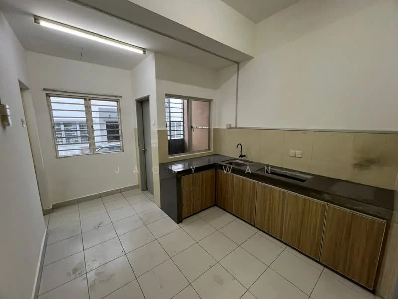 Kitchen features: L-shaped kitchen countertop, dark granite countertop, wood cabinetry, single-bowl stainless-steel sink, chrome pull-down faucet, tile backsplash, white tiled walls, white tiled flooring, window with metal grille, light fixture on ceiling, open layout, space for refrigerator, space for stove; style: modern.