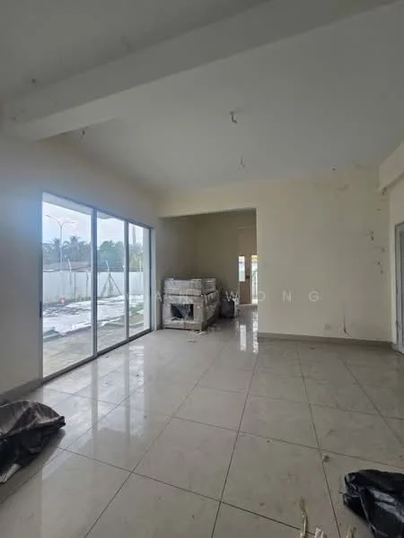Living features: white painted walls, high ceiling, large floor-to-ceiling windows, marble tile flooring, sliding glass door, exposed beams, natural light, unfinished space with construction materials; style: modern; view: garden.