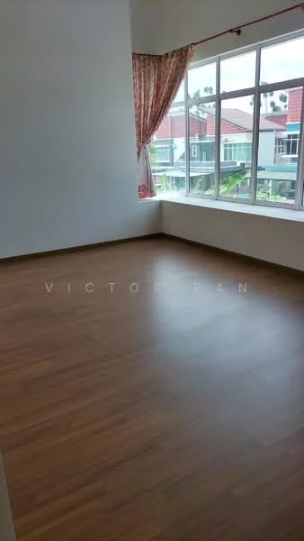 Room features: laminate flooring, white painted walls, large windows, curtains, corner room, natural light, view of exterior landscape; view: garden.