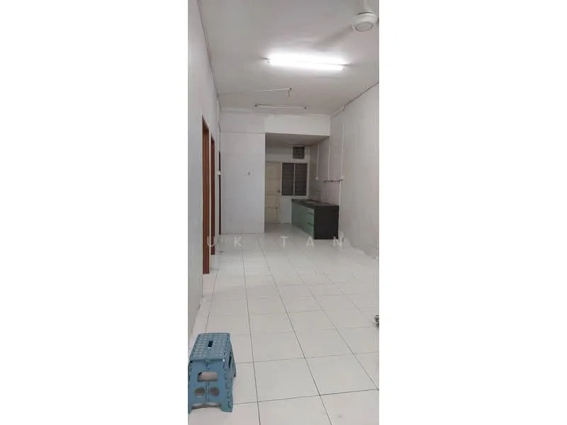 Kitchen features: white painted walls, tile flooring, ceiling lights, kitchen cabinetry in green, single-bowl stainless-steel sink, countertop, window, open layout. Room features: white painted walls, tile flooring, ceiling lights, open layout.