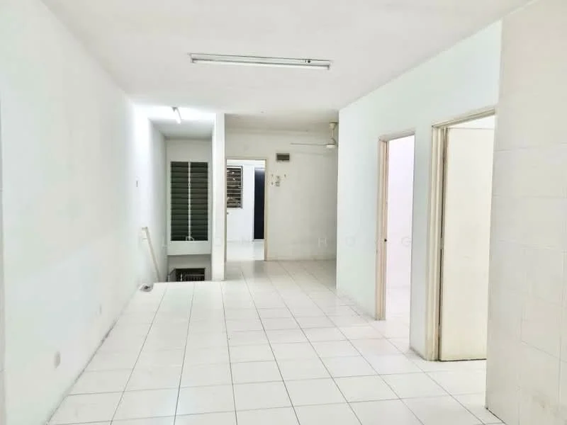 Room features: white painted walls, white tiled flooring, ceiling lights, doorways leading to other rooms, windows with grilles, open layout, neutral color scheme, no visible furniture; style: minimalist.