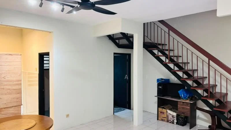 Living features: white painted walls, ceramic tile flooring, 5-blade ceiling fan, staircase with wooden steps and metal railing, open layout, doorway leading to another room, TV console, desk with storage boxes; style: modern. Room features: white painted walls, ceramic tile flooring, doorway leading to another room.
