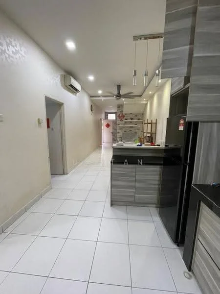 Kitchen features: white tiled flooring, grey laminate cabinetry, black refrigerator, stainless-steel sink, chrome pull-down faucet, wall-mounted split AC, recessed LED downlights, pendant lights, open shelving, kitchen island with seating, tile backsplash with decorative pattern; style: modern. Hallway features: white painted walls, white tiled flooring, ceiling fan, doorway leading to living area.