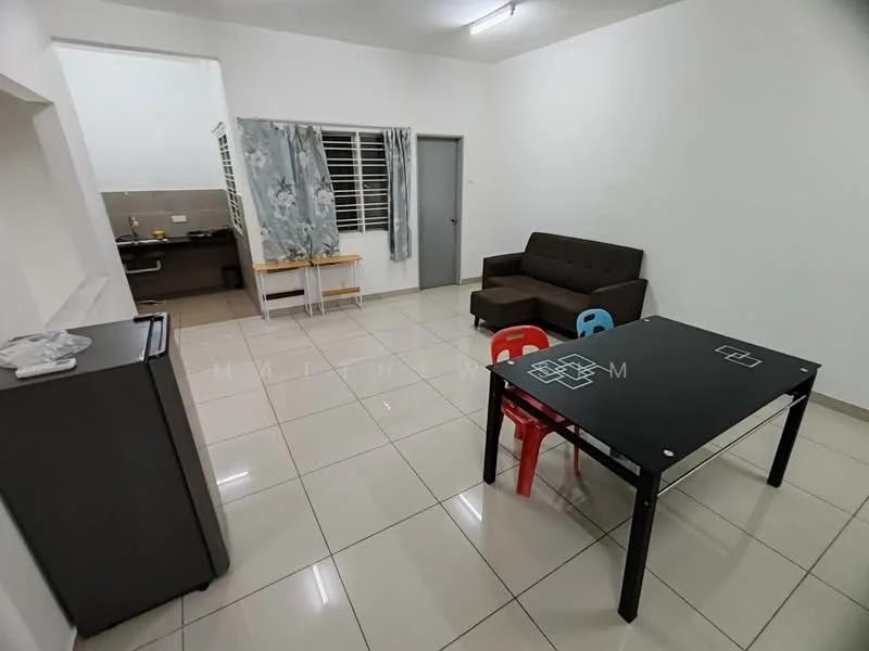 Living features: white painted walls, glossy tile flooring, 3-seater fabric sofa in brown, black dining table, 2 red plastic chairs, refrigerator, window with white curtains, ceiling light fixture; style: modern.