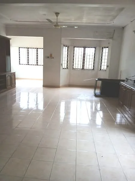 Room features: glossy ceramic tile flooring, white painted walls, ceiling fan, multiple windows with grid pattern, built-in cabinetry, open layout, natural light from windows, neutral color scheme; style: modern.