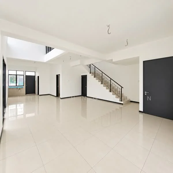 Room features: white painted walls, polished ceramic tile flooring, staircase with metal railing, large windows, multiple doors, high ceiling, open layout, natural light; style: modern.