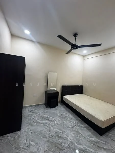 Bedroom features: grey marble tile flooring, cream painted walls, 5-blade ceiling fan with light, upholstered headboard, single bed mattress, black bedside table, black wardrobe, full-length mirror; style: modern.