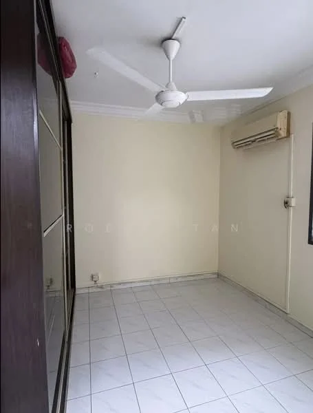 Room features: white painted walls, white ceiling, ceiling fan, wall-mounted split AC, tile flooring, large mirror wardrobe, window with no treatments, corner baseboard.