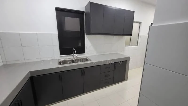 Kitchen features: grey laminate countertop, black cabinetry, stainless-steel single-bowl sink, chrome pull-down faucet, white tiled backsplash, white tiled walls, light-colored floor tiles, window above sink, built-in cabinets, drawer storage; style: modern.