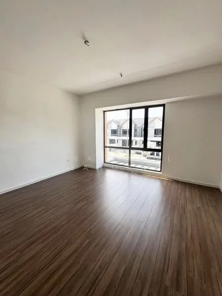 Room features: white painted walls, laminate flooring, large window with black frame, natural light, view of exterior houses, ceiling light fixture; style: modern; view: garden.