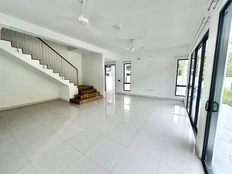 Living features: white painted walls, polished ceramic tile flooring, 5-blade ceiling fan with light, 2 ceiling lights, large sliding glass doors, staircase with wooden steps, open layout, natural light from windows; style: modern; view: garden.