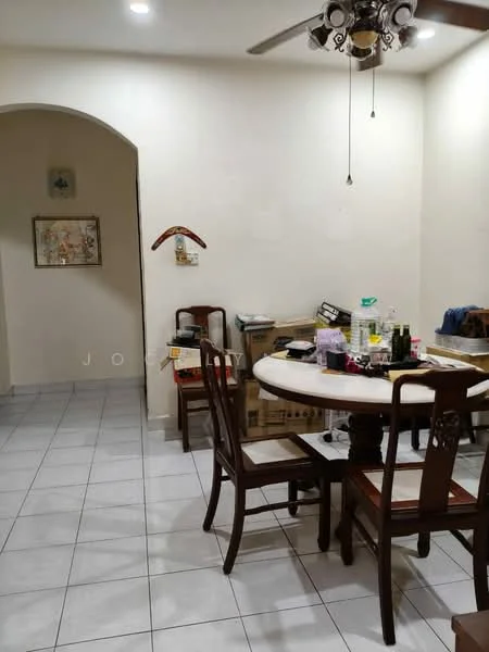 Dining features: round dining table, wooden dining chairs, white walls, tile flooring, ceiling fan with light, decorative ceiling medallion, boxes and items on the floor, framed artwork on the wall.