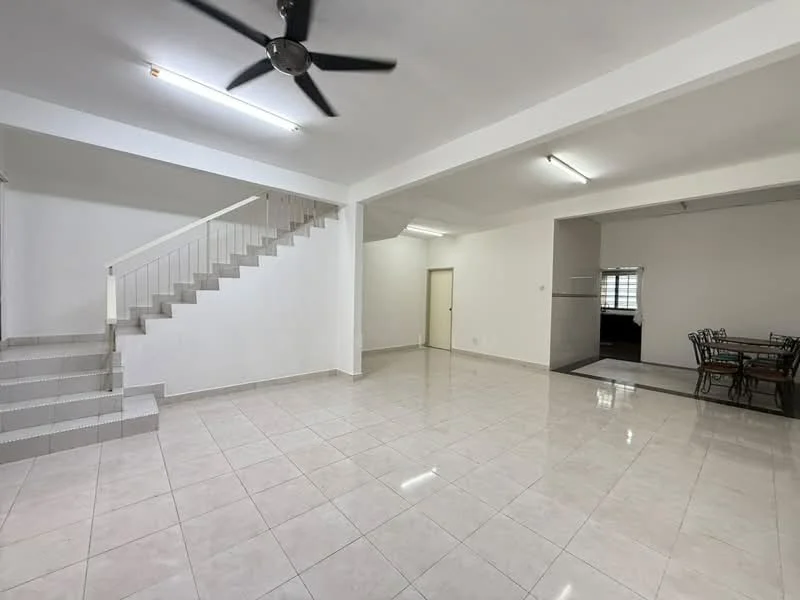 Living features: white painted walls, polished ceramic tile flooring, 5-blade ceiling fan, large windows, open layout, staircase leading to upper floor, recessed lighting, dining area visible in background; style: modern.