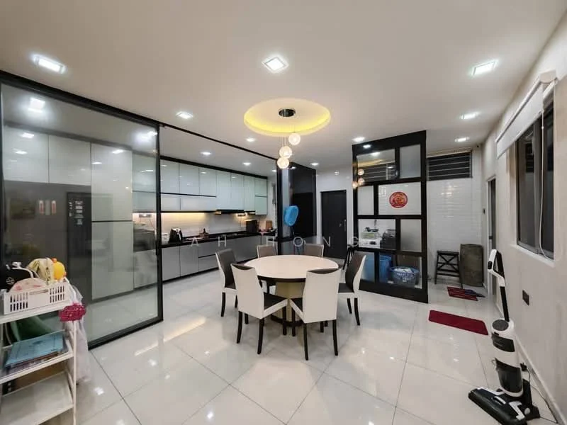 Kitchen features: white cabinetry with flat-panel design, black countertop, stainless-steel sink, chrome pull-down faucet, built-in oven, freestanding range oven, microwave, refrigerator, pendant lighting, recessed LED downlights, large floor-to-ceiling windows, white tiled flooring, open-plan layout with dining area; style: modern. Dining features: round dining table, four upholstered dining chairs, decorative ceiling light, open space layout; style: modern. Room features: glass partition, white walls, sliding door, laundry area visible.