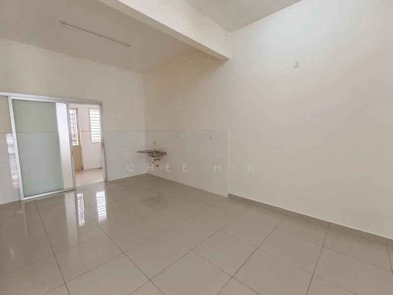 Room features: white painted walls, glossy ceramic tile flooring, single-bowl stainless-steel sink, wall-mounted tap, large windows, natural light, high ceiling; style: modern.