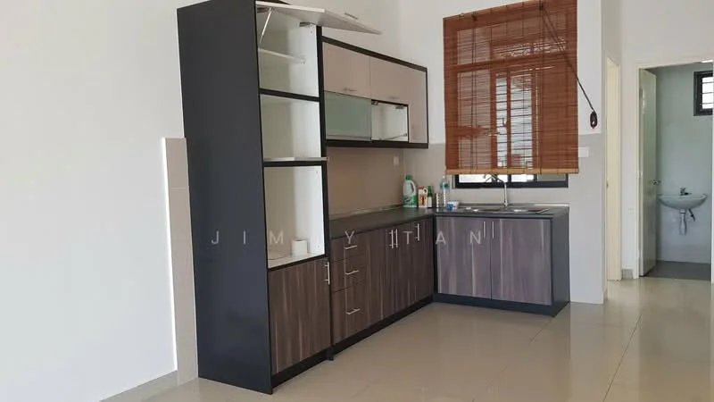 Kitchen features: L-shaped kitchen cabinetry, black and brown laminate cabinets, glass upper cabinets, stainless-steel sink, single-bowl stainless-steel sink, chrome pull-down faucet, ceramic tile backsplash, countertop with space for appliances, window with wooden blinds, neutral wall color, glossy floor tiles, open layout, doorway leading to another room; style: modern.