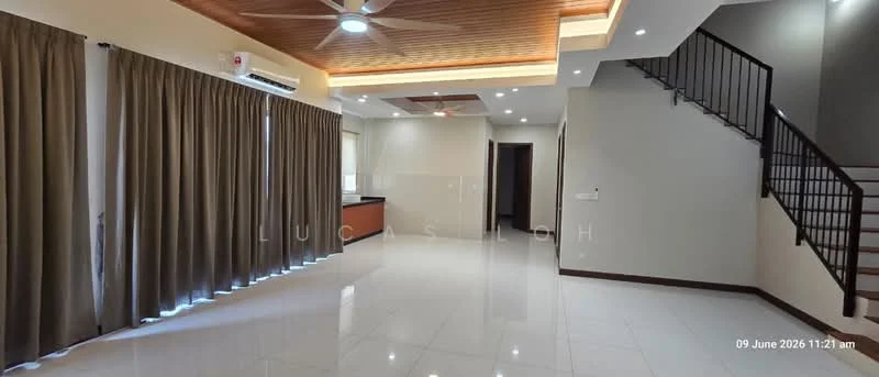 Living features: white painted walls, polished ceramic tile flooring, tray ceiling with recessed lighting, 5-blade ceiling fan, large windows with sheer curtains, open layout, wooden feature ceiling, air conditioning unit; style: modern. Kitchen features: kitchen counter with bar seating, dark cabinetry, stainless-steel sink, built-in appliances, open layout to living area; style: modern. Room features: staircase with metal railing, neutral wall color, natural light from windows.