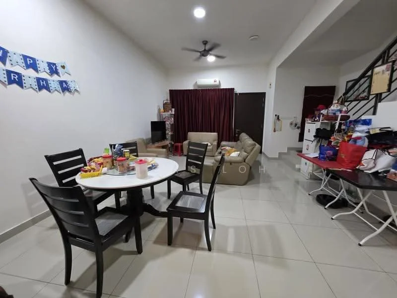 Living features: white painted walls, glossy tile flooring, 5-blade ceiling fan, sofa in beige, coffee table, TV console, wall-mounted TV, decorative items on shelves, curtains in dark red, dining table with 4 black chairs, snack items on table, side table with items, open layout, staircase in background; style: modern.