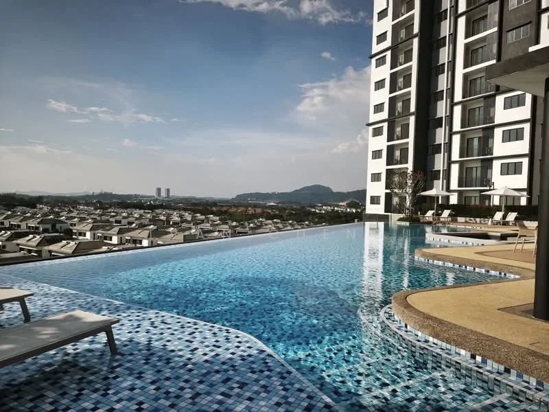 Exterior type: high-rise condominium; features: infinity pool, pool deck with loungers, tiled pool surface, surrounding city view, landscaped area, modern architecture, balconies on building, clear blue sky; style: modern.