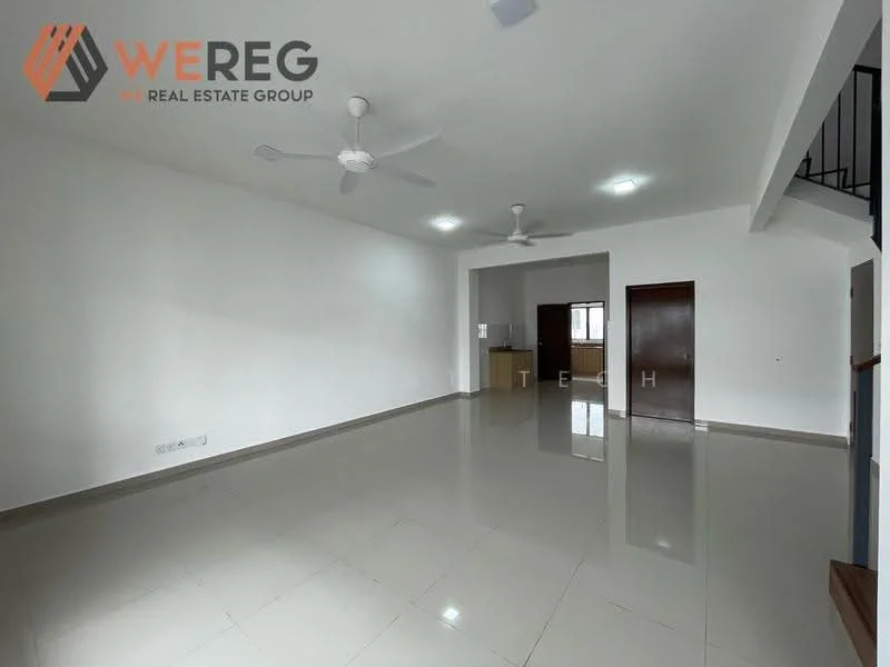 Living features: white painted walls, glossy ceramic tile flooring, 2 ceiling fans, recessed downlights, large windows, open layout, neutral color scheme, no visible furniture; style: modern.