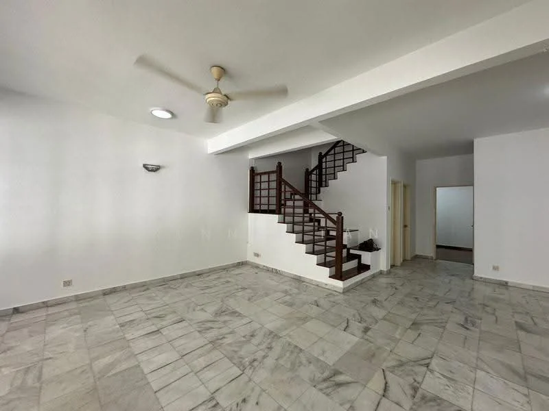 Living features: marble flooring, white painted walls, ceiling fan, recessed downlights, staircase with wooden railing, open layout, large windows, neutral decor; style: modern. Room features: white painted walls, doorway leading to another room, neutral decor.
