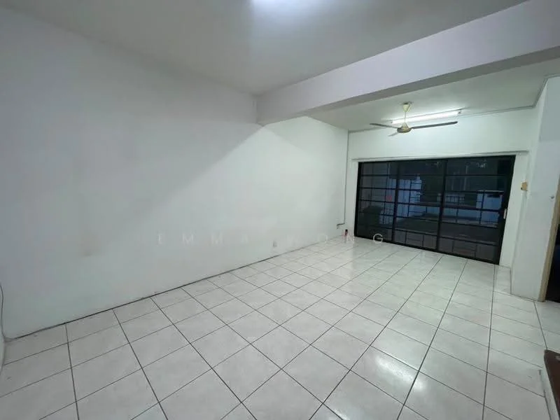 Living features: white painted walls, glazed tile flooring, 5-blade ceiling fan, floor-to-ceiling windows, sliding glass door, natural light from windows, open layout, no visible furniture.