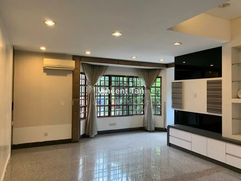 Living features: recessed downlights, 1 wall-mounted split AC, grey accent wall, white painted walls, large windows with grid design, curtains, polished stone flooring, built-in TV console with storage; style: modern; view: garden.