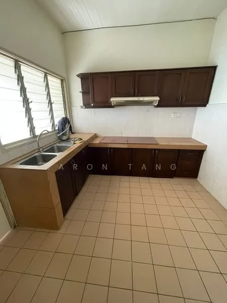 Kitchen features: brown wooden cabinetry, laminate countertop, single-bowl stainless-steel sink, chrome pull-down faucet, wall-mounted range hood, tile flooring, white tiled walls, sliding windows.
